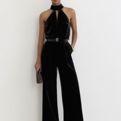 Velvet Halterneck Belted Wide-Leg Jumpsuit